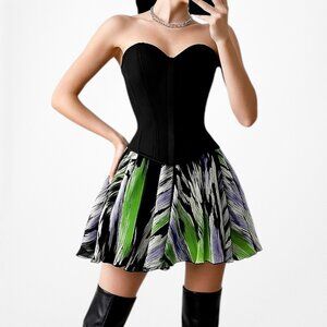 Bebe Black Silk White Purple Green Flared Pleated Skater Flowy Mini Skirt Size S